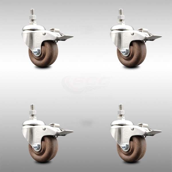Service Caster 3 Inch 316SS High Temp Glass Filled Nylon 12mm Stem Caster Set Lock Brake SCC-SS316TSTTL20S314-GFNSHT-M1215-4 - main